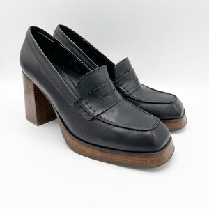 ALOHAS Heeled Loafer Womens 10 Black Leather Busy Square Toe Penny Loafer